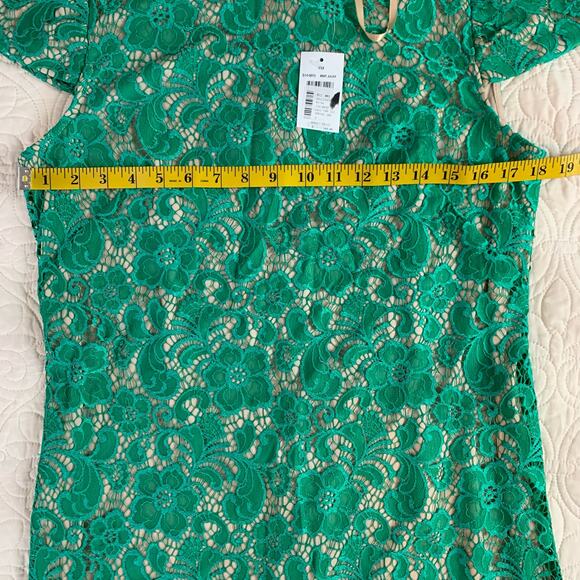 Saks Fifth Ave Black Label midi dress cap sleeve green lace beige lining size 12 - Picture 7 of 8